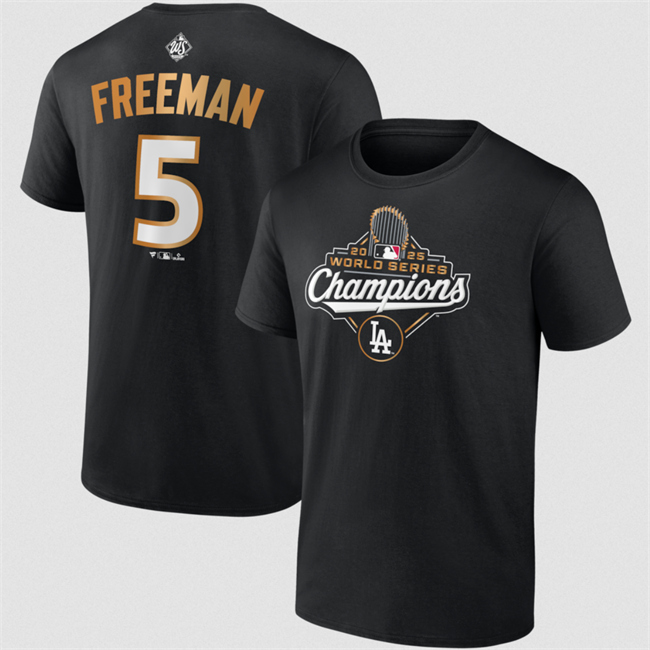 Men's Black Los Angeles Dodgers #5 Freddie Freeman 2025 World Series Champions Name & Number T-Shirt